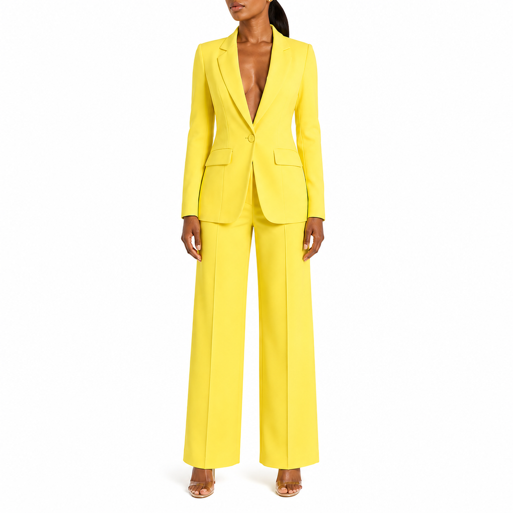 Women's Yellow Two-Piece Office Suit | Long Sleeve Blazer and Wide Leg Pants