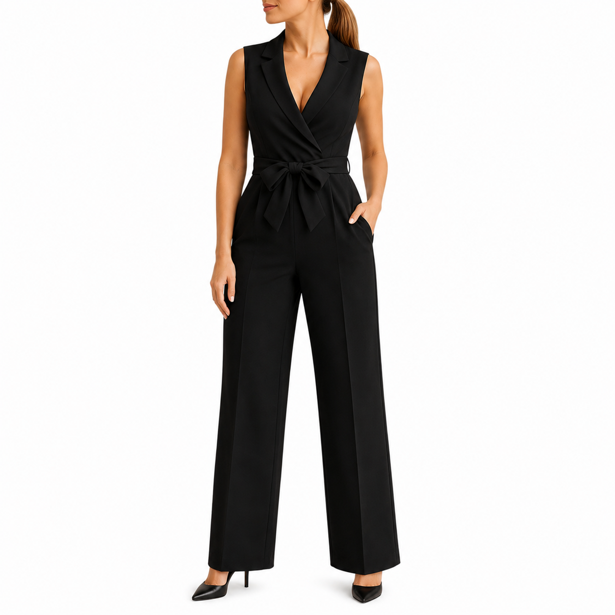 Women's Sleeveless Wrap Jumpsuit | with Tie Waist