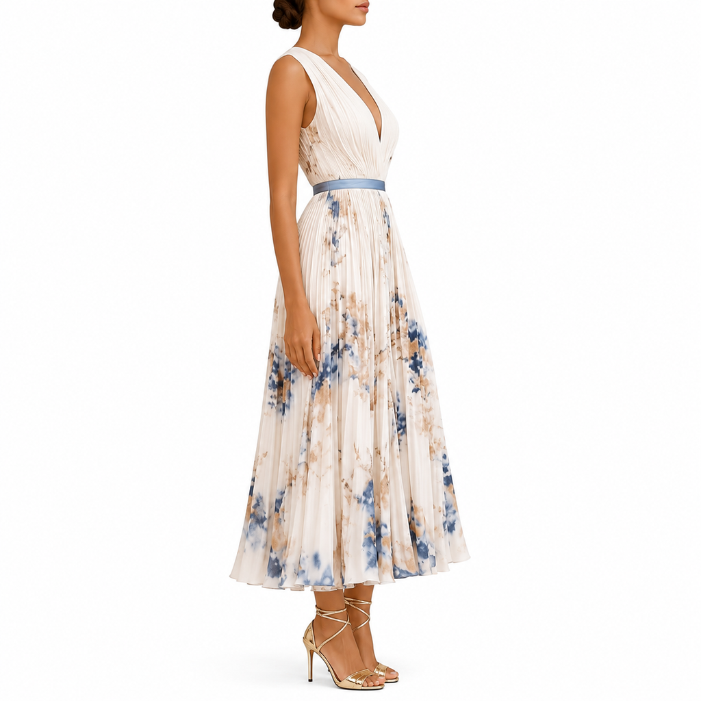 Women’s Floral Print V-Neck Pleated Wedding Guest Dress | Maxi