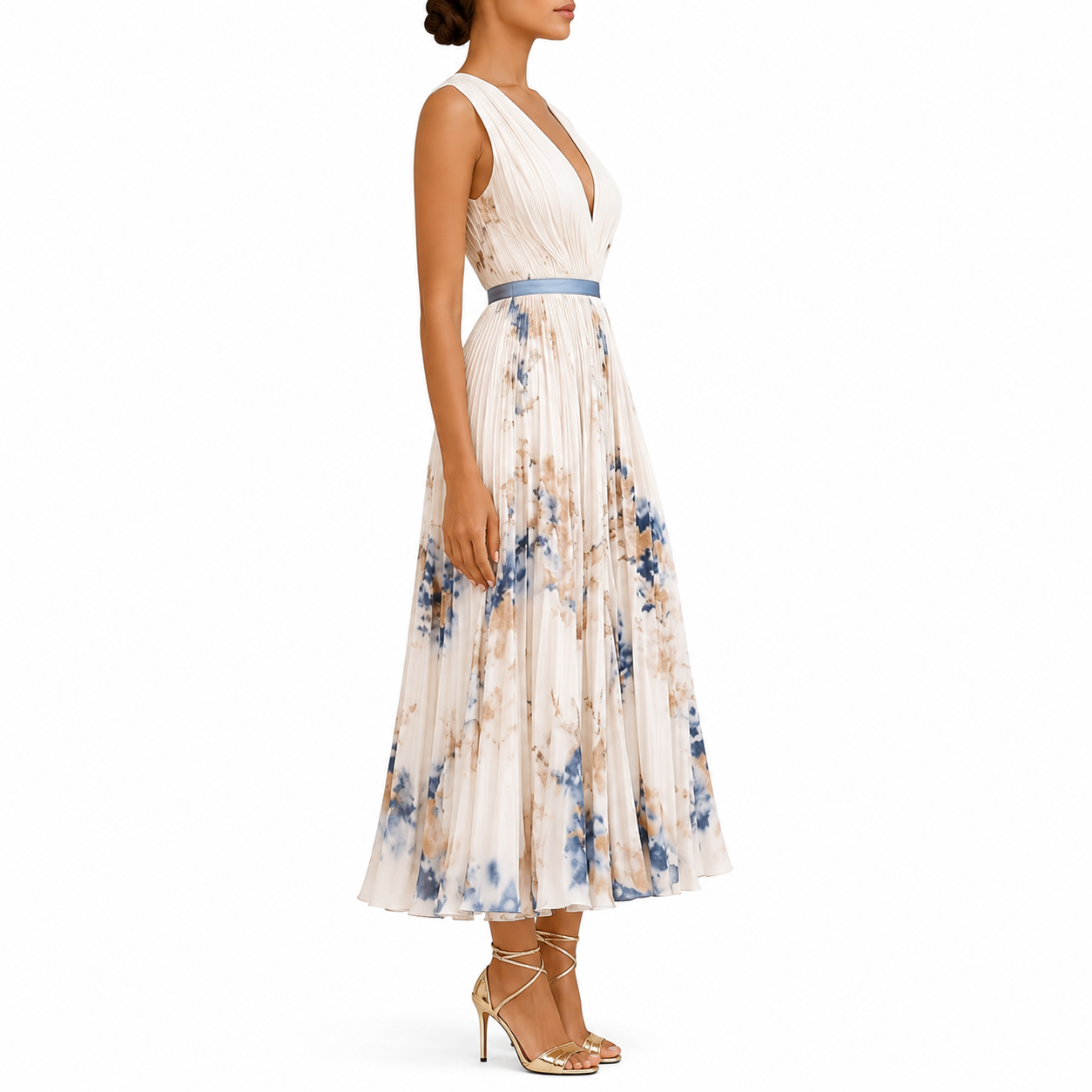 Women’s Floral Print V-Neck Pleated Wedding Guest Dress | Maxi