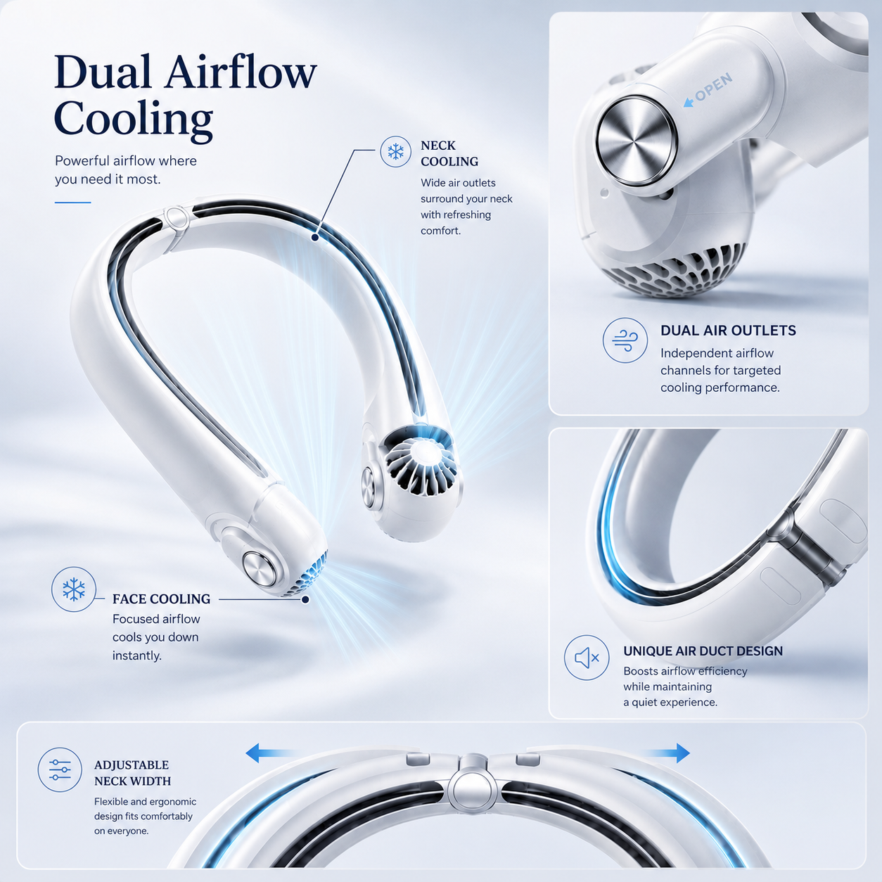 Rechargeable Dual Airflow Neck Fan with USB-C for Travel, Sports, and Outdoor Activities