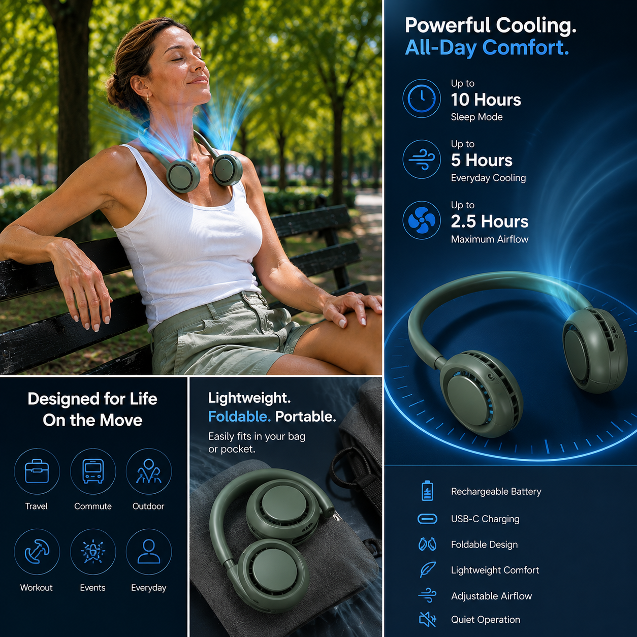 Compact Rechargeable Neck Fan - Foldable Bladeless Hands-Free Cooling for On-the-Go