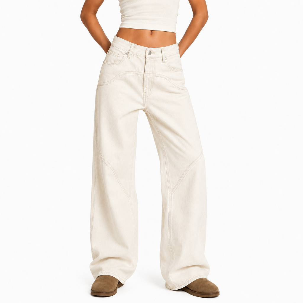 White Vintage Straight Leg Baggy Jeans with Splice Detail