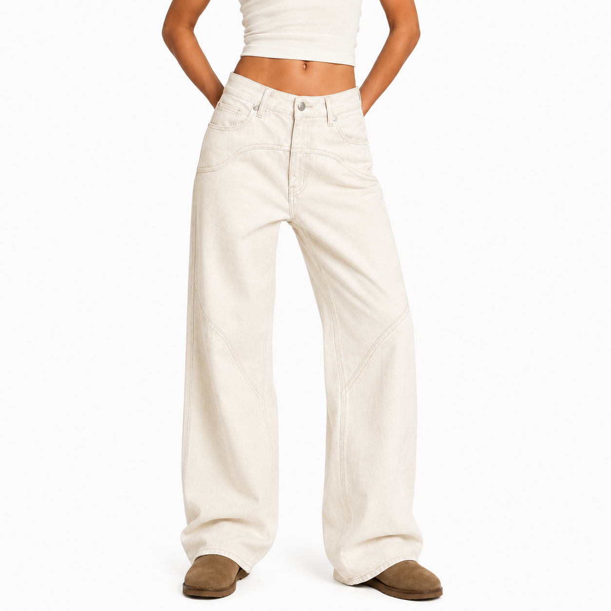 White Vintage Straight Leg Baggy Jeans with Splice Detail