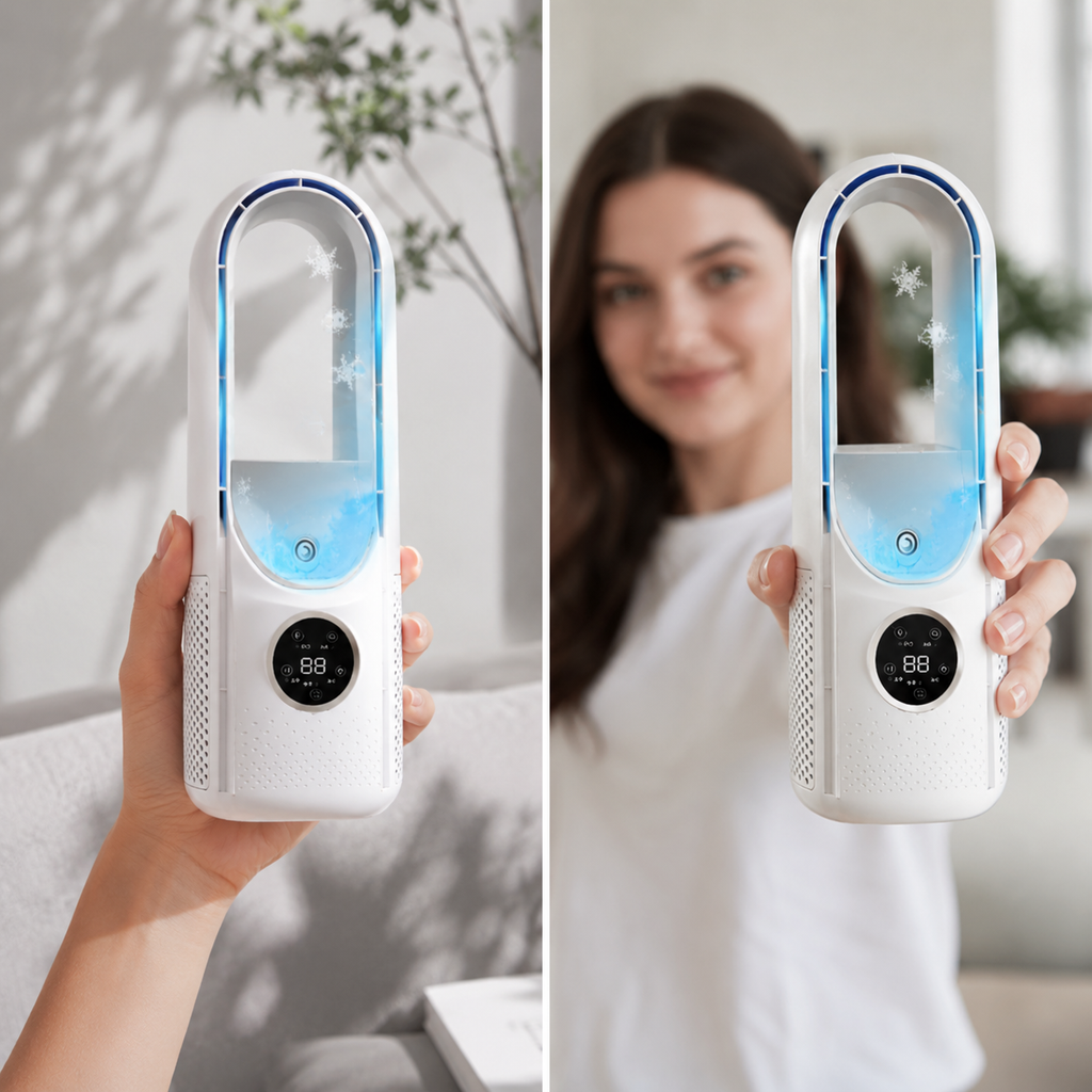 Compact Bladeless Air Conditioner with Cooling Fan