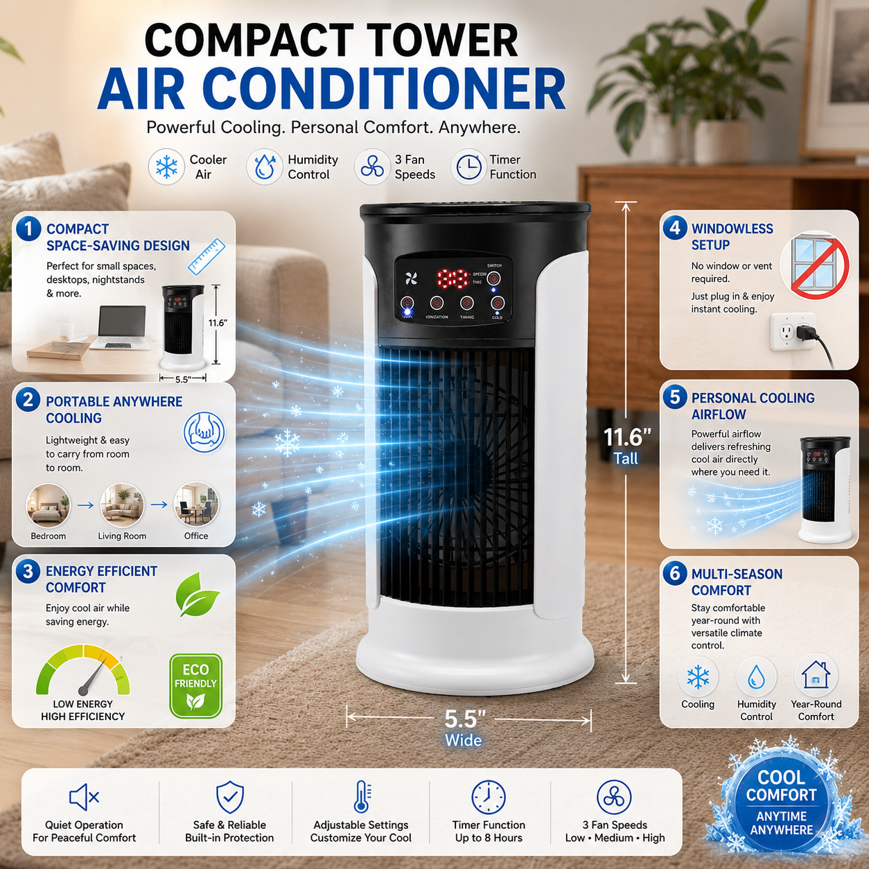 Compact Portable Evaporative Air Conditioner for Energy-Efficient Cooling