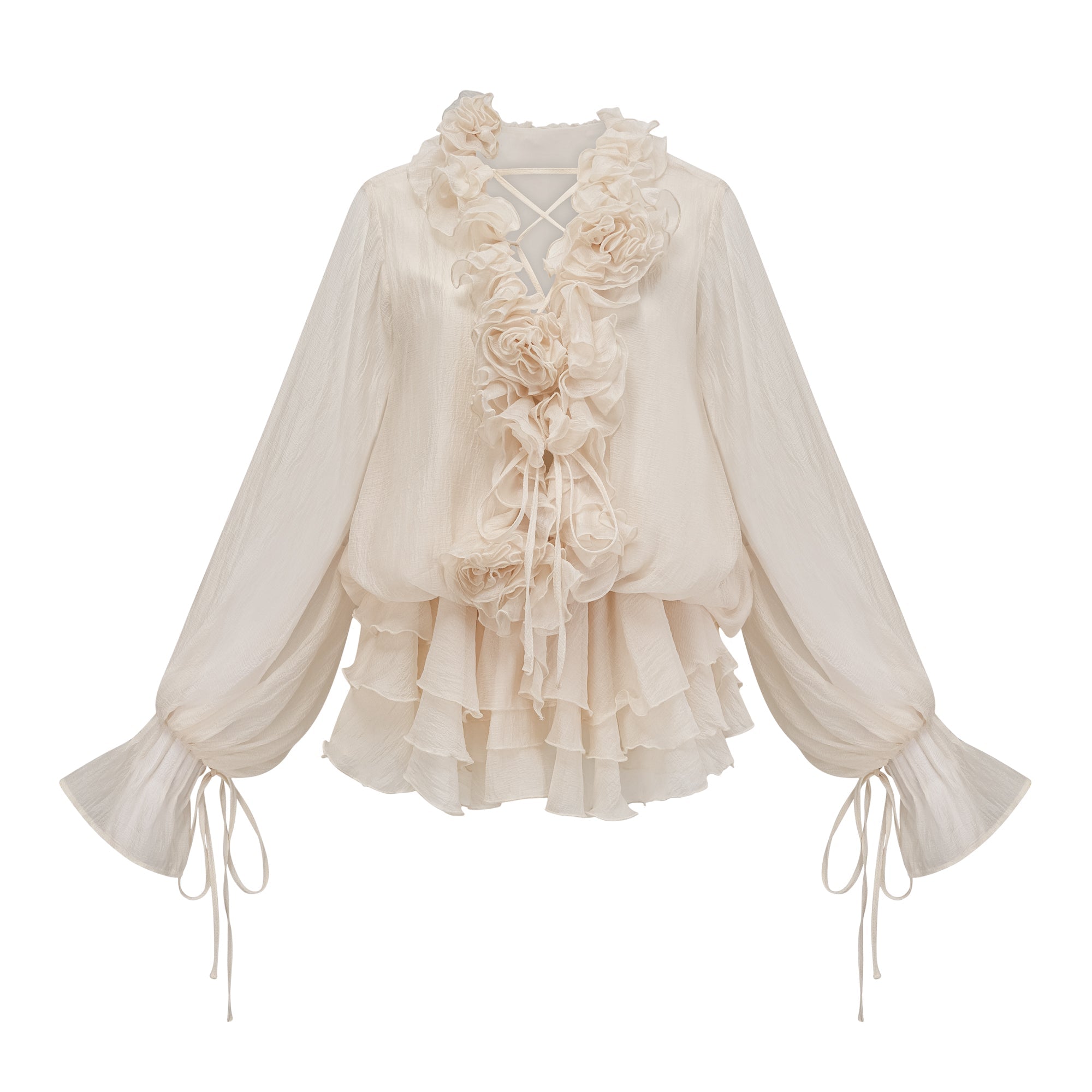 Cream Ruffled Mini Dress with Floral Detailing for Women - Sonia