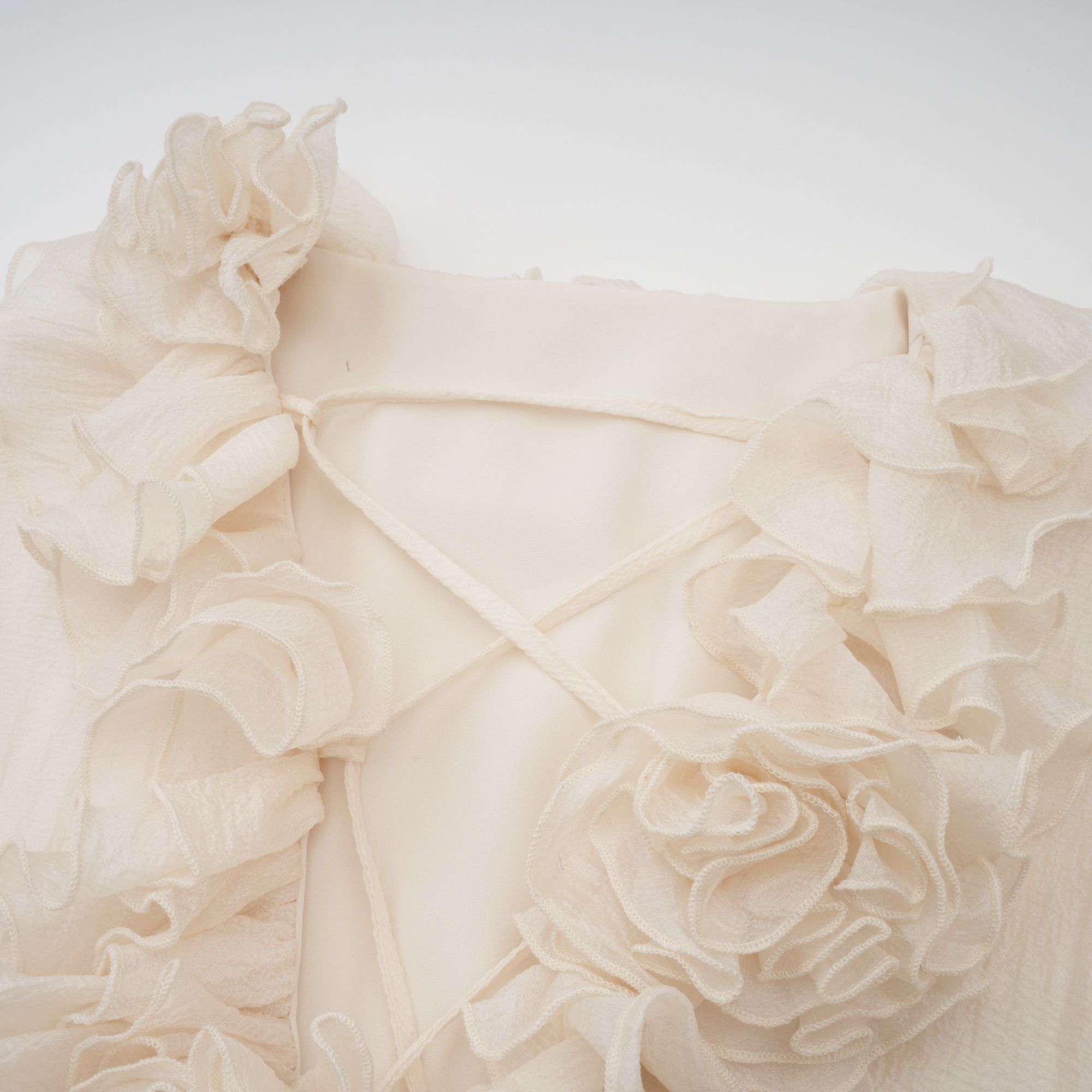 Cream Ruffled Mini Dress with Floral Detailing for Women - Sonia