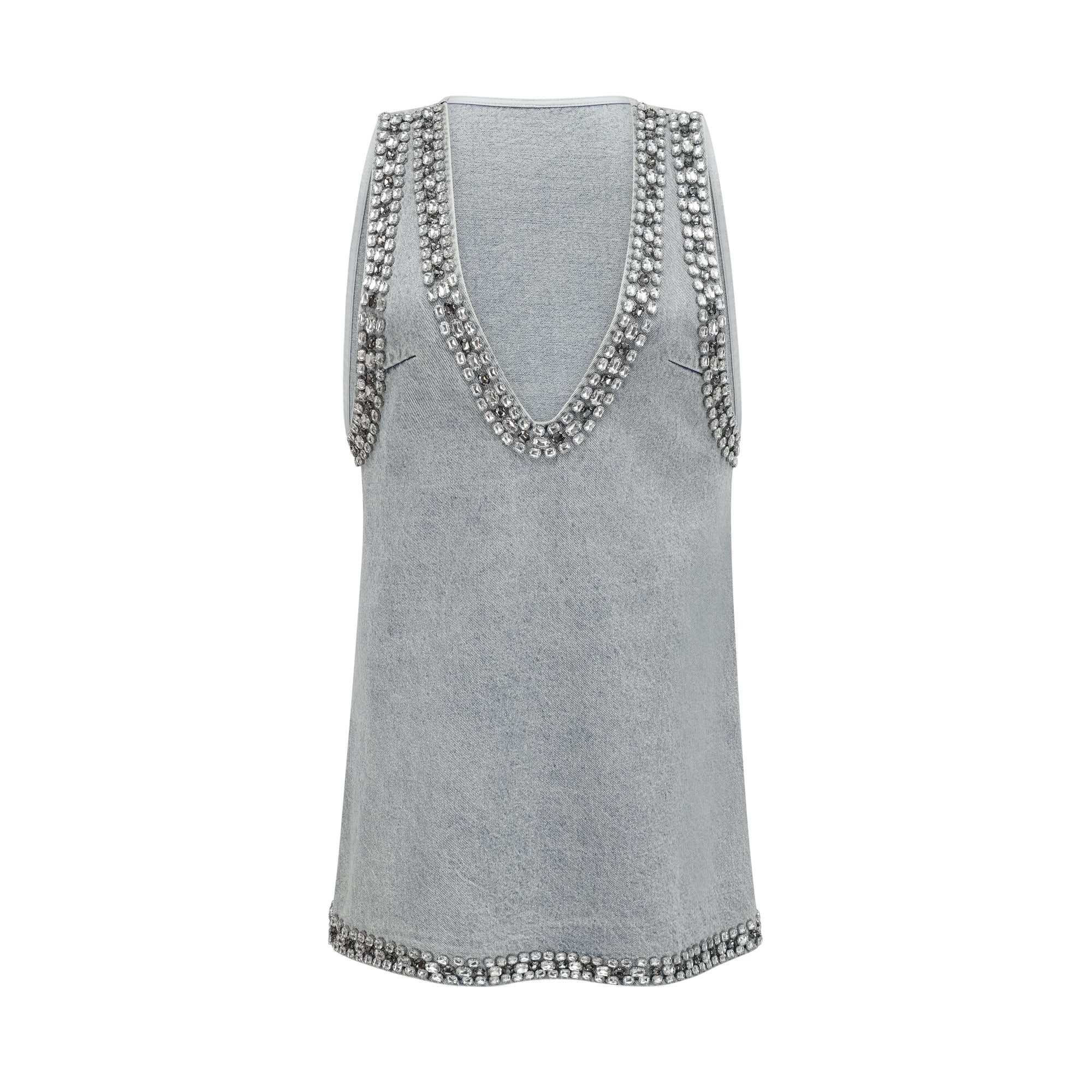 Light Blue Sleeveless Mini Dress with Rhinestone Trim for Women - Giusy