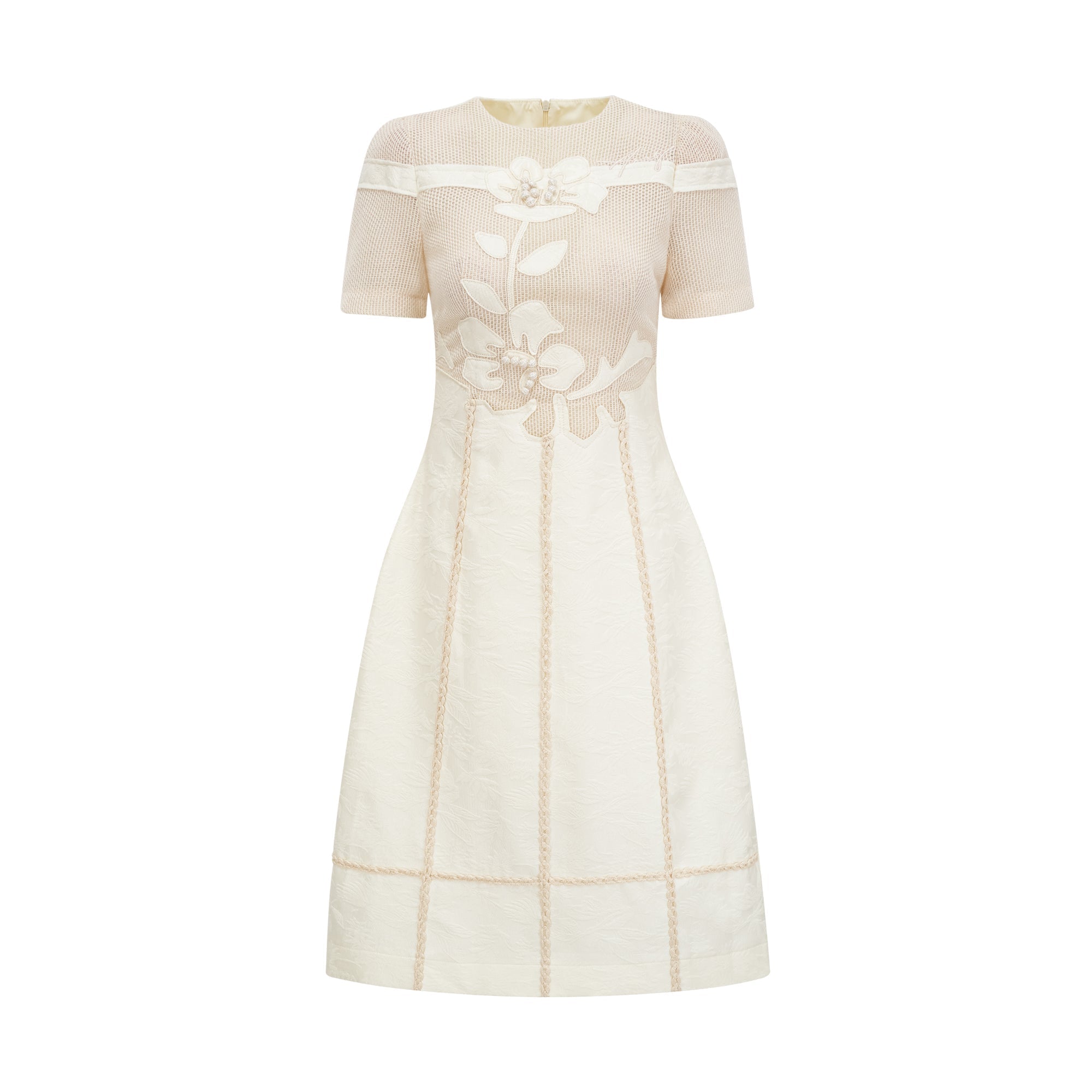 Ivory Mesh Panel Midi Dress with Floral Embroidery for Women - Liliana