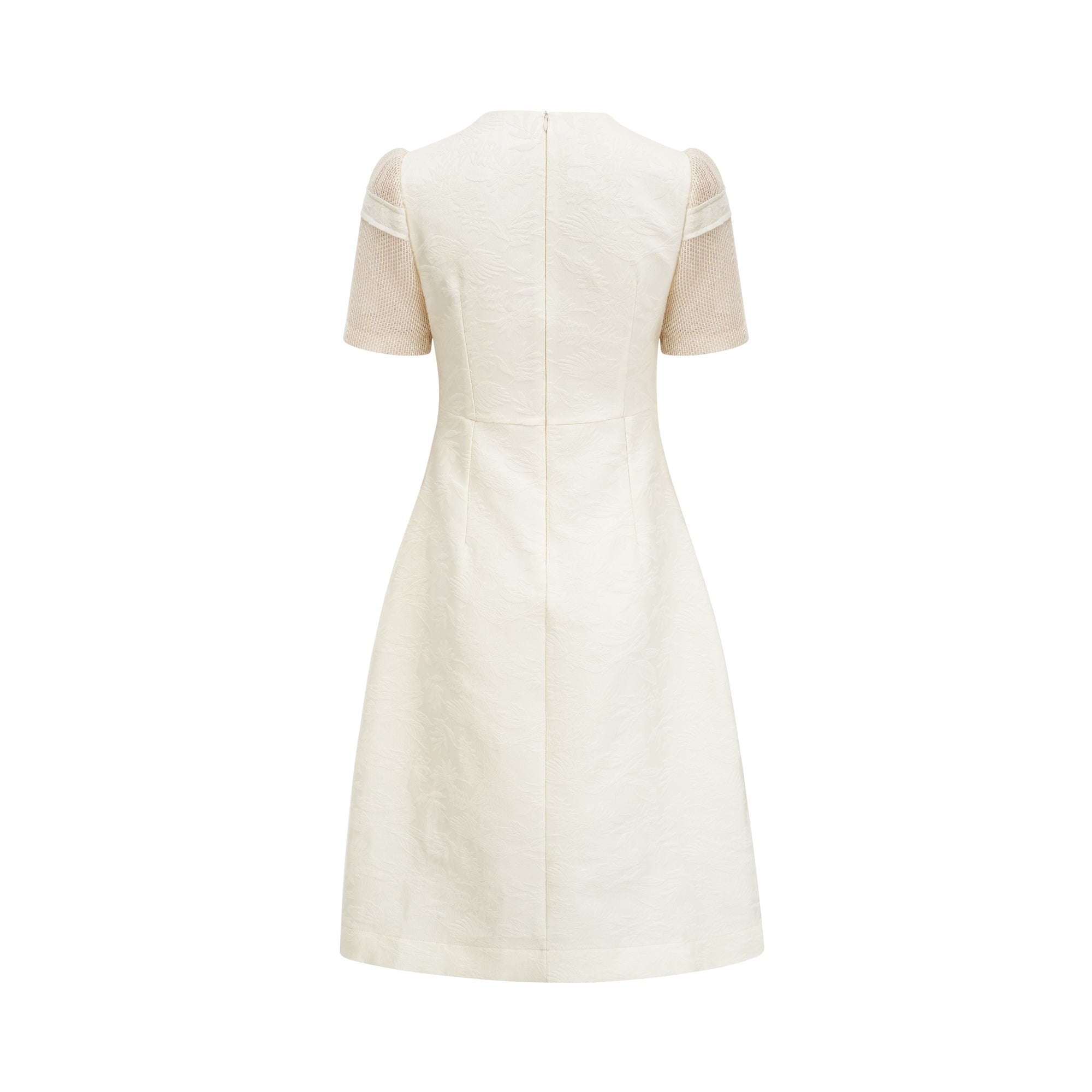 Ivory Mesh Panel Midi Dress with Floral Embroidery for Women - Liliana