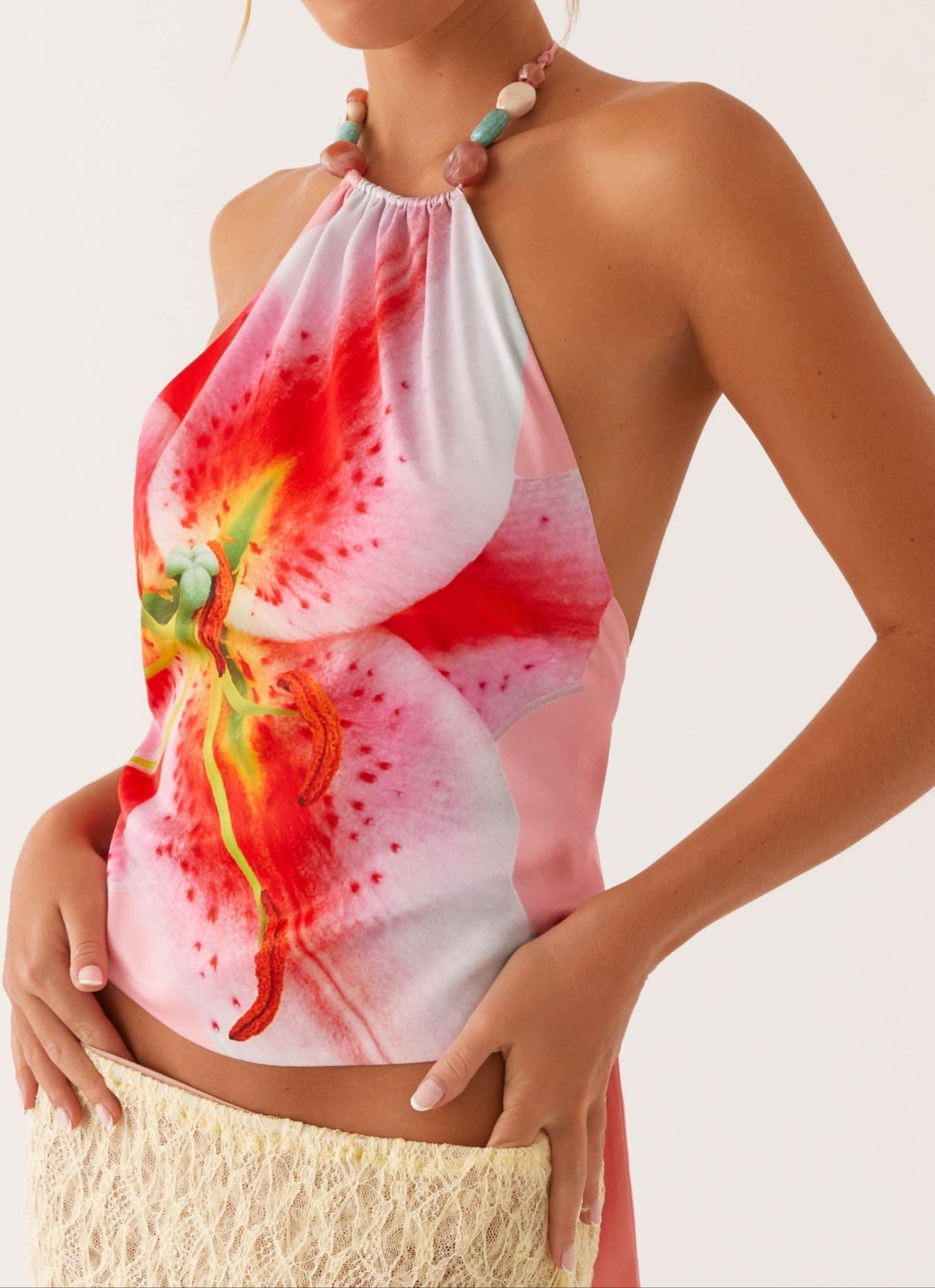 Rina Beaded Tie Back Top - Pink Lily