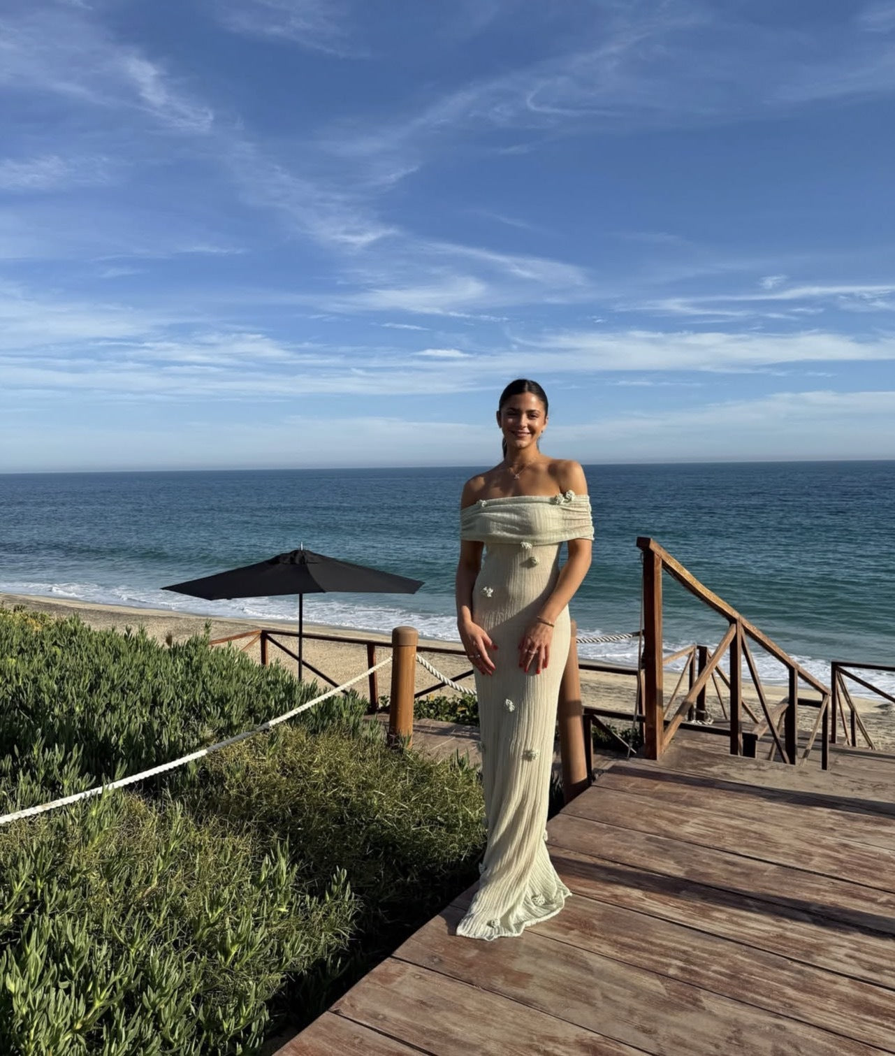Ivory Off Shoulder Maxi Dress with Floral Detail for Women - Eliana