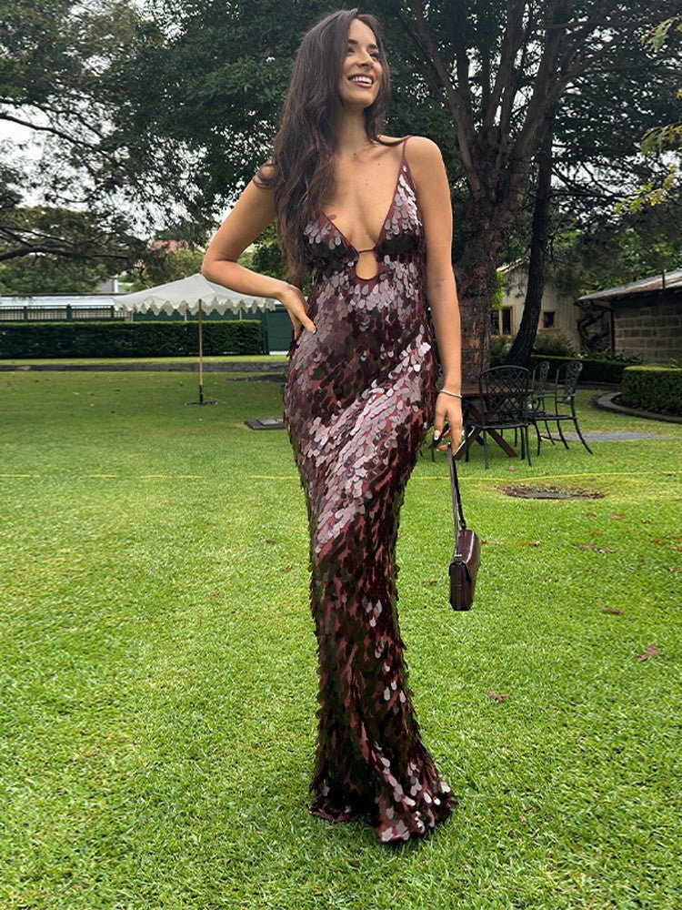 Sequin Maxi Dress with V-Neck for Women - Benedetta