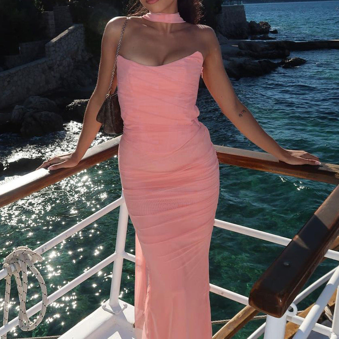 Strapless Maxi Dress with Scarf Detail for Women - Amalia