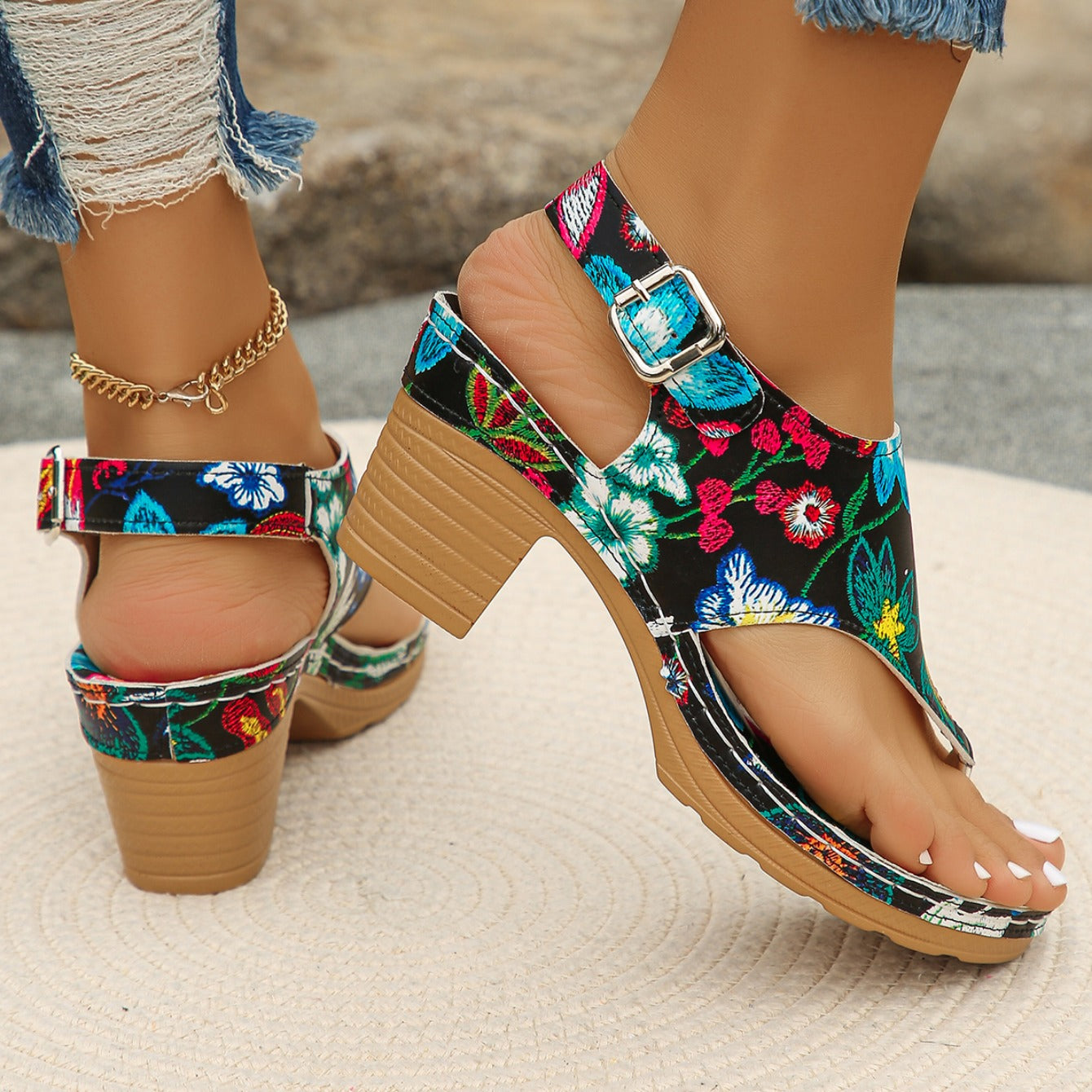 Women's Floral Chunky Block Heel Sandals | Platform Slingbacks