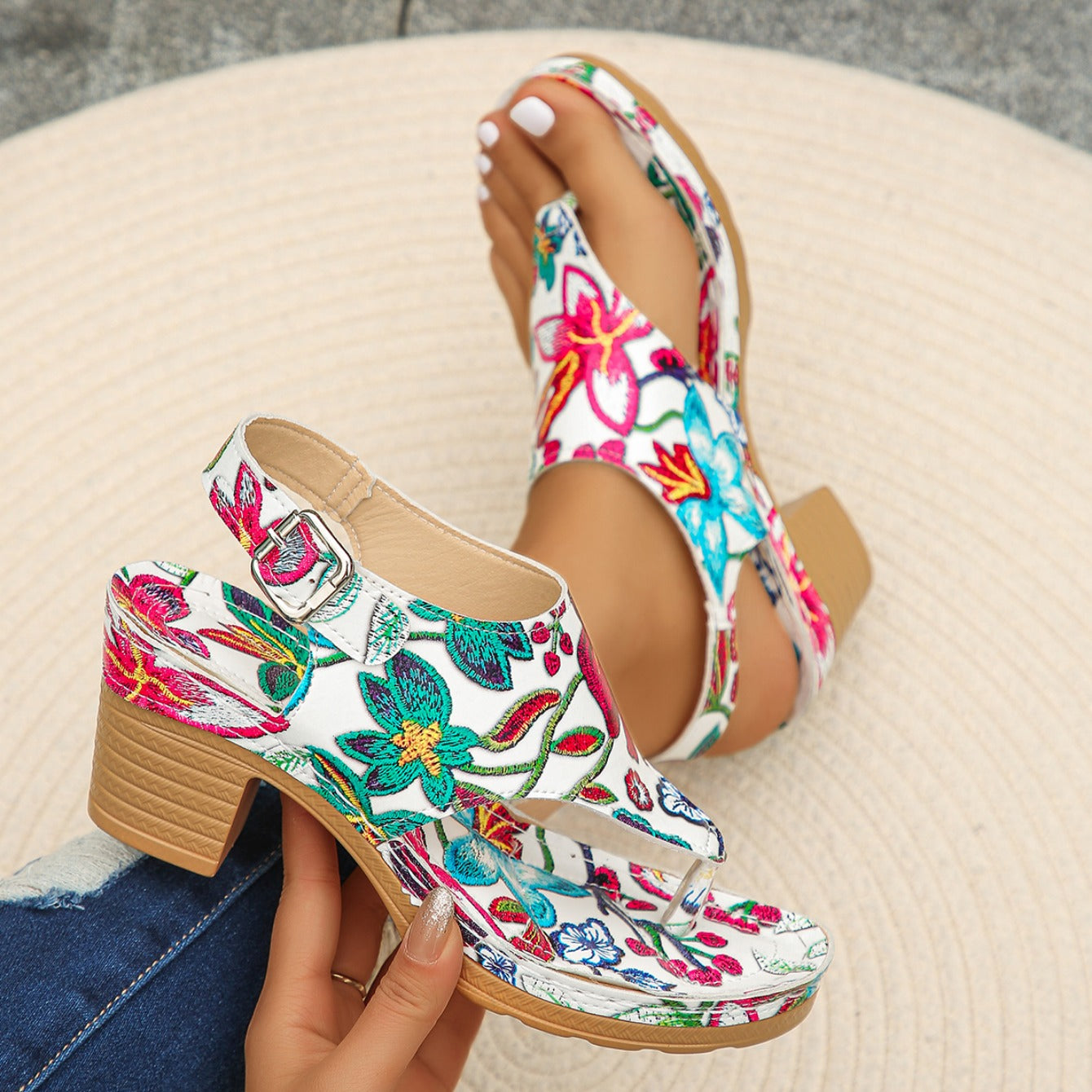 Women's Floral Chunky Block Heel Sandals | Platform Slingbacks