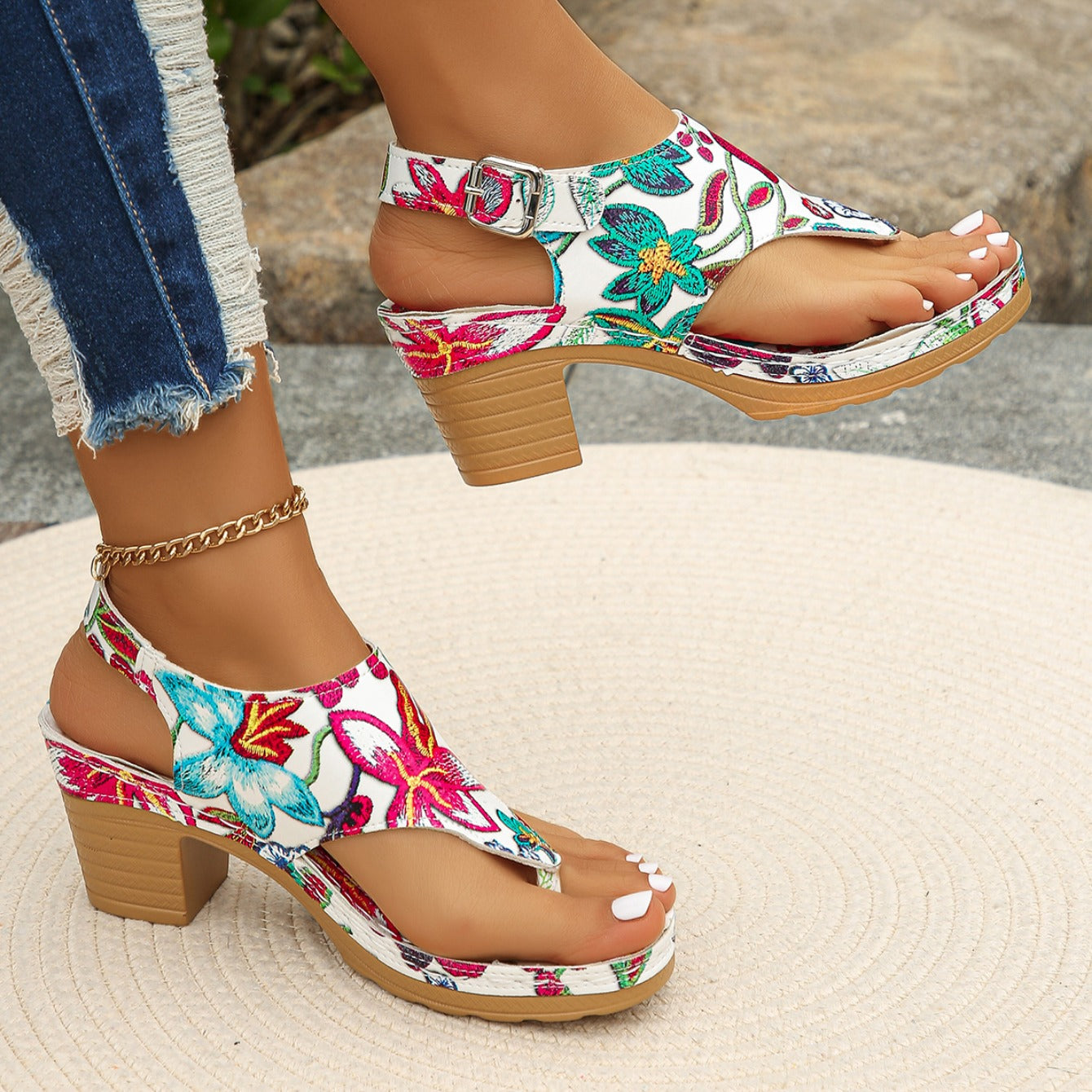 Women's Floral Chunky Block Heel Sandals | Platform Slingbacks