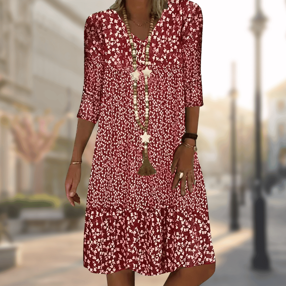 Floral Print Boho Midi Dress for Women | 3/4 Sleeves