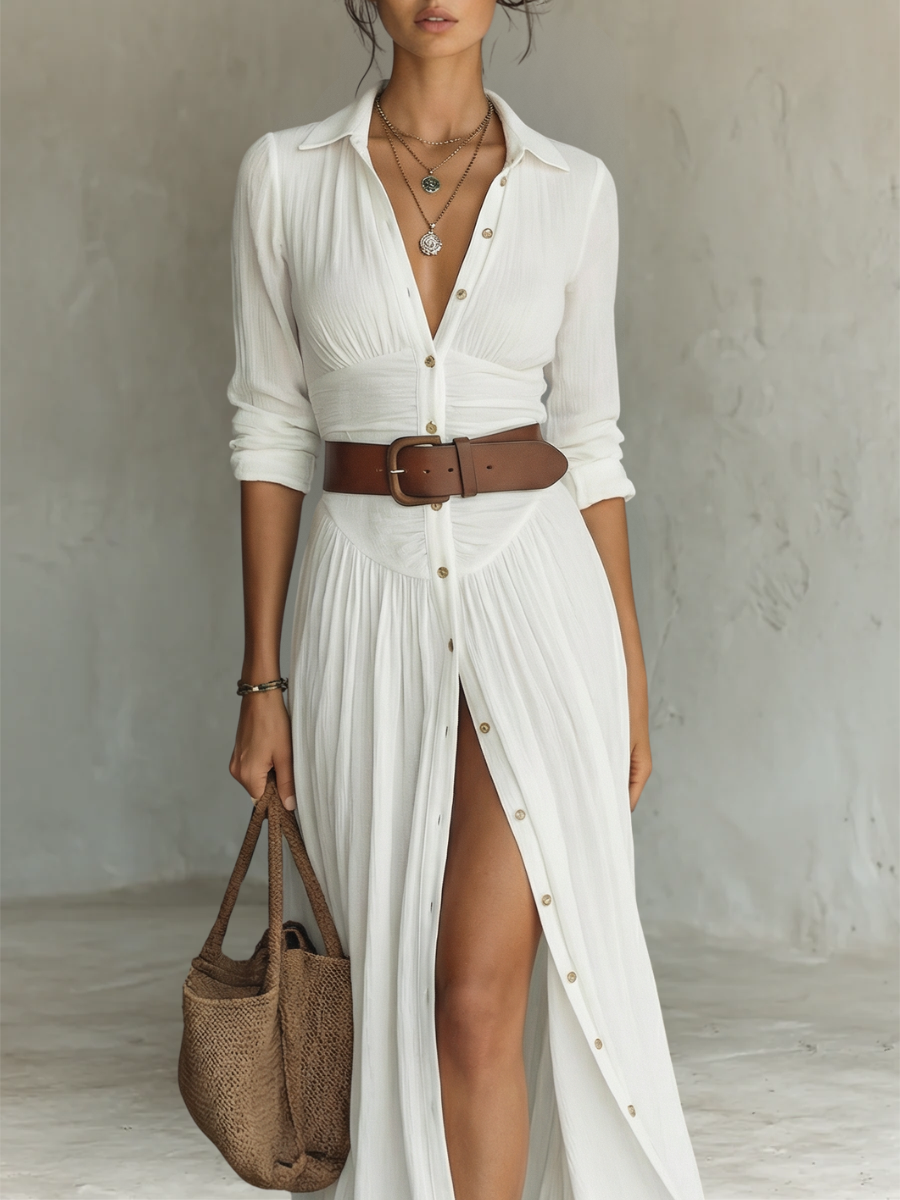 Women's Boho Button-Down Maxi Dress | with Side-Slit