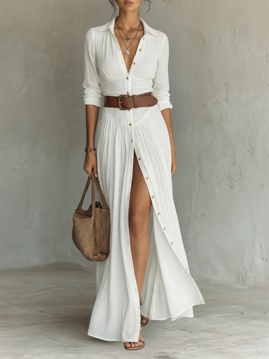 Women's Boho Button-Down Maxi Dress | with Side-Slit
