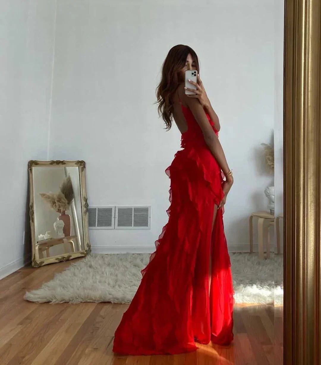 Ruffle Maxi Dress with Spaghetti Straps for Women - Pamela