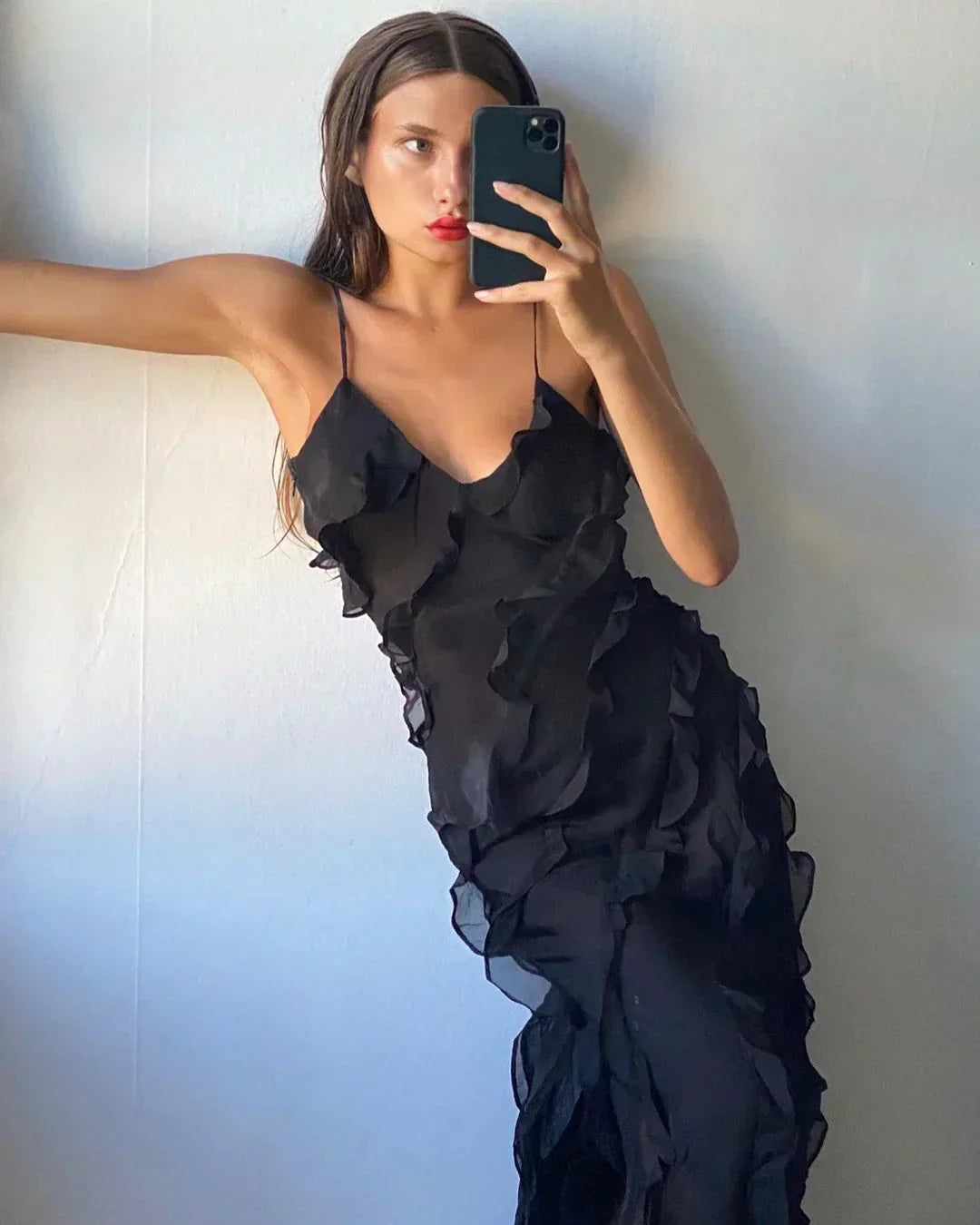 Ruffle Maxi Dress with Spaghetti Straps for Women - Pamela