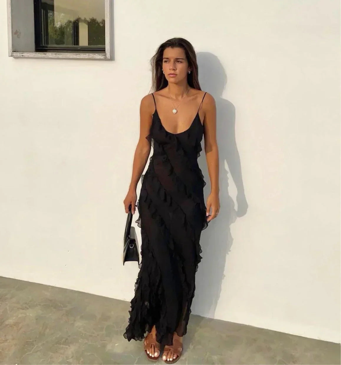 Ruffle Maxi Dress with Spaghetti Straps for Women - Pamela