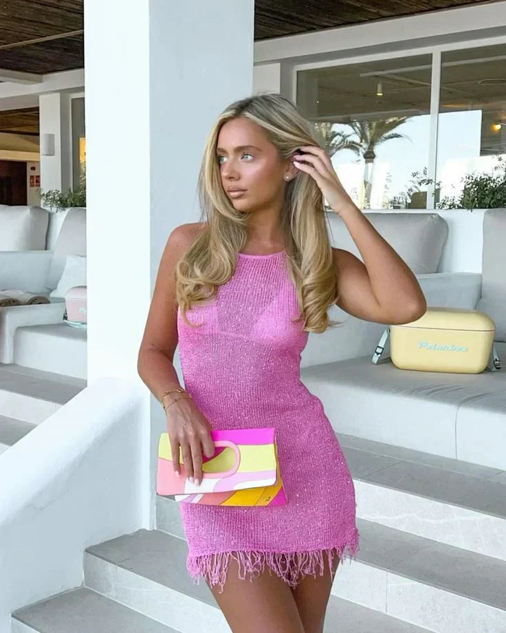 Knit Mini Dress with Fringe Detail for Women - Sara