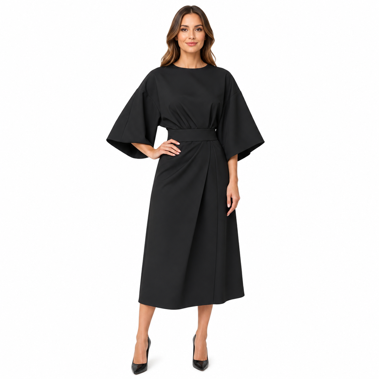 Elegant Women's Dress with Lantern Sleeves and Belt