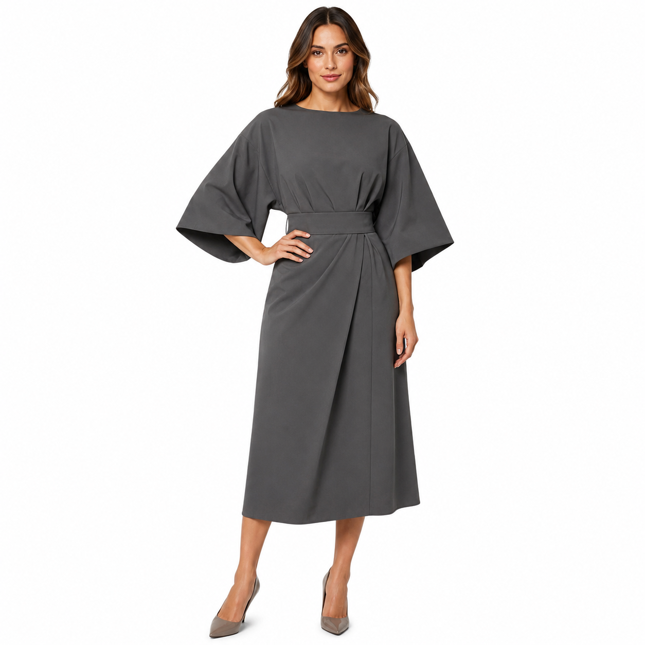 Elegant Women's Dress with Lantern Sleeves and Belt