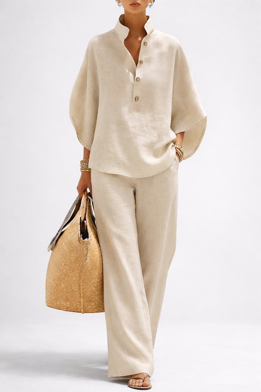 Women's High Collar Blouse and Wide-Leg Pants Set | Two-Piece