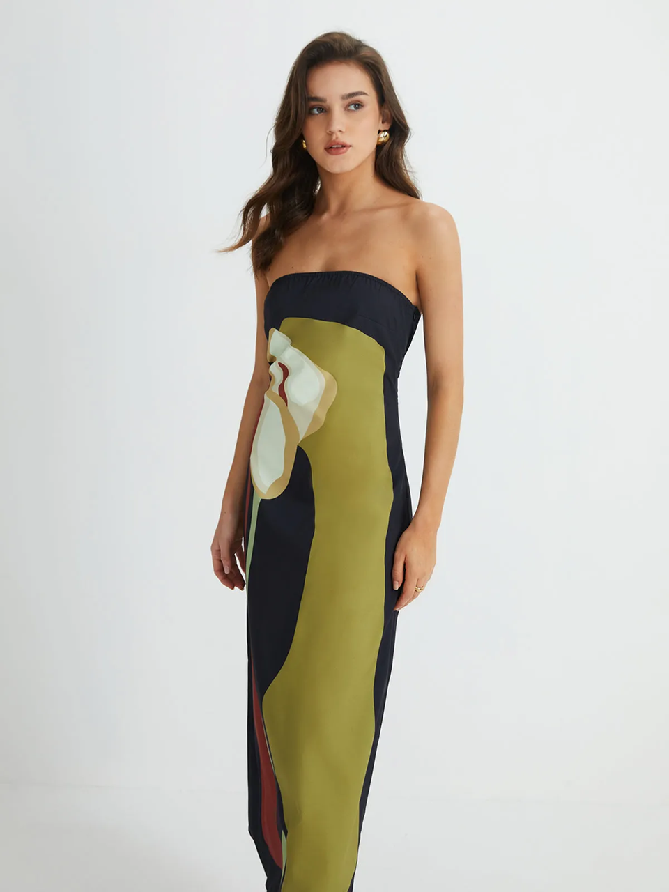 Navy Floral Print Strapless Maxi Dress for Women - Silvia