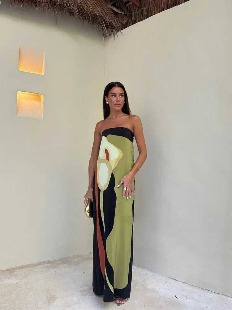 Navy Floral Print Strapless Maxi Dress for Women - Silvia