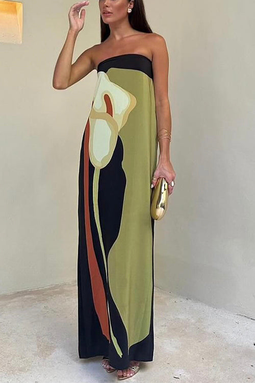 Navy Floral Print Strapless Maxi Dress for Women - Silvia