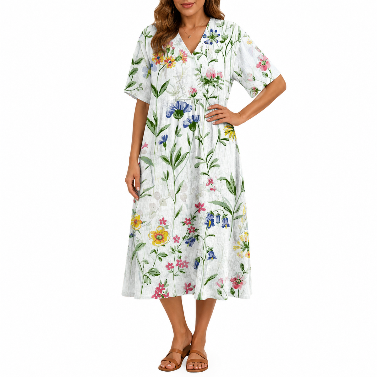 Floral Print V-Neck Midi Dress for Women | Summer Style