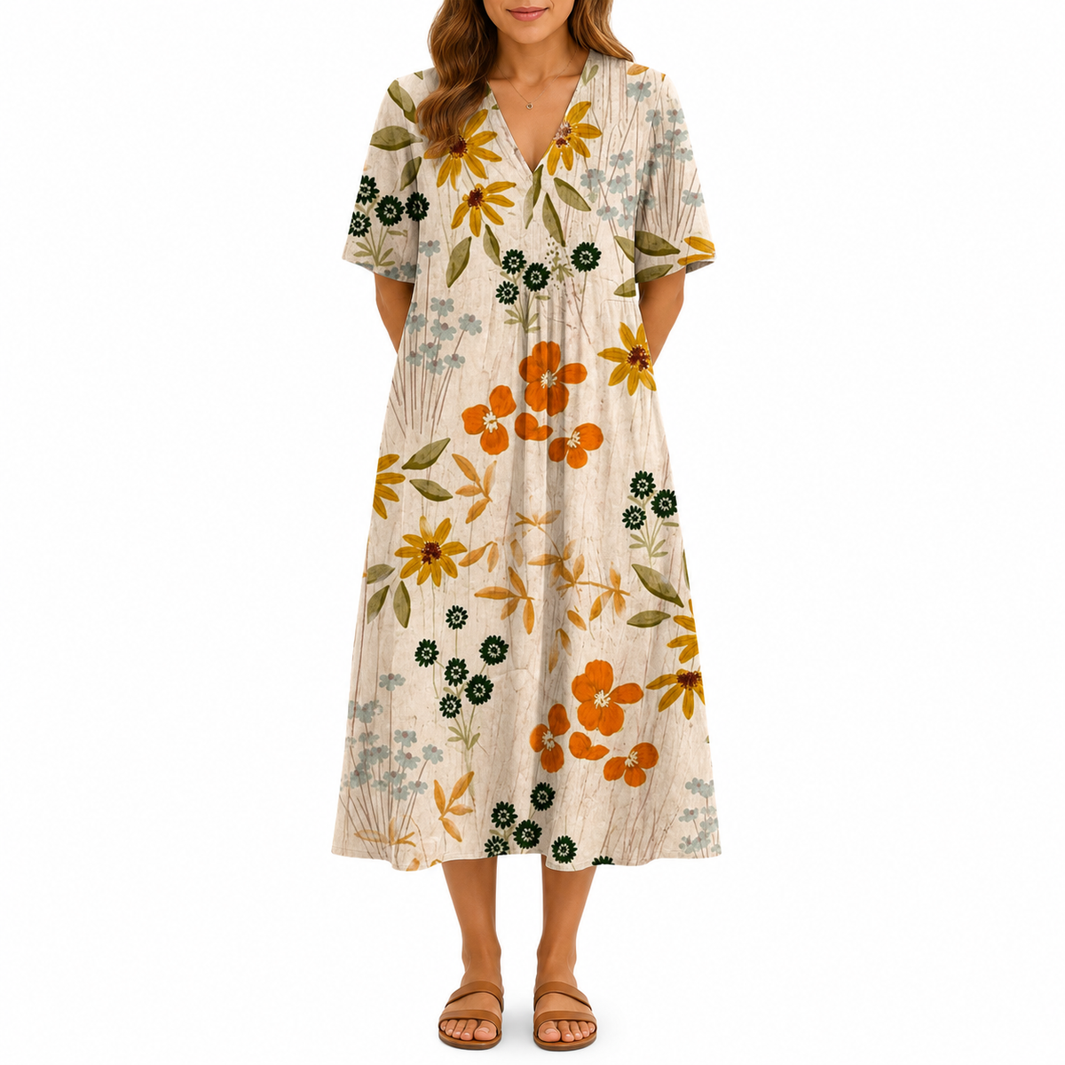 Floral Print V-Neck Midi Dress for Women | Summer Style