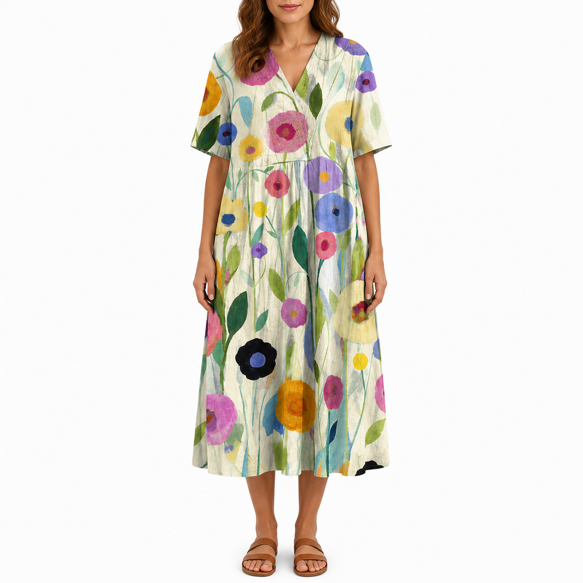 Floral Print V-Neck Midi Dress for Women | Summer Style