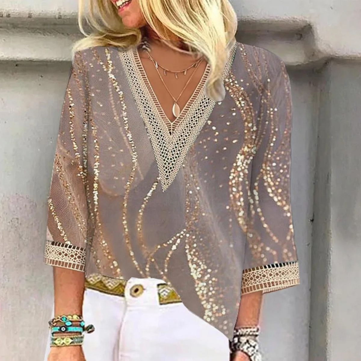 Women's Boho V-Neck Blouse | 3/4 Sleeve