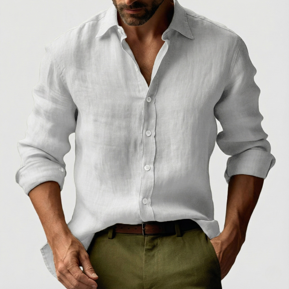 Men's Long Sleeve Casual Linen Button-Up Shirt