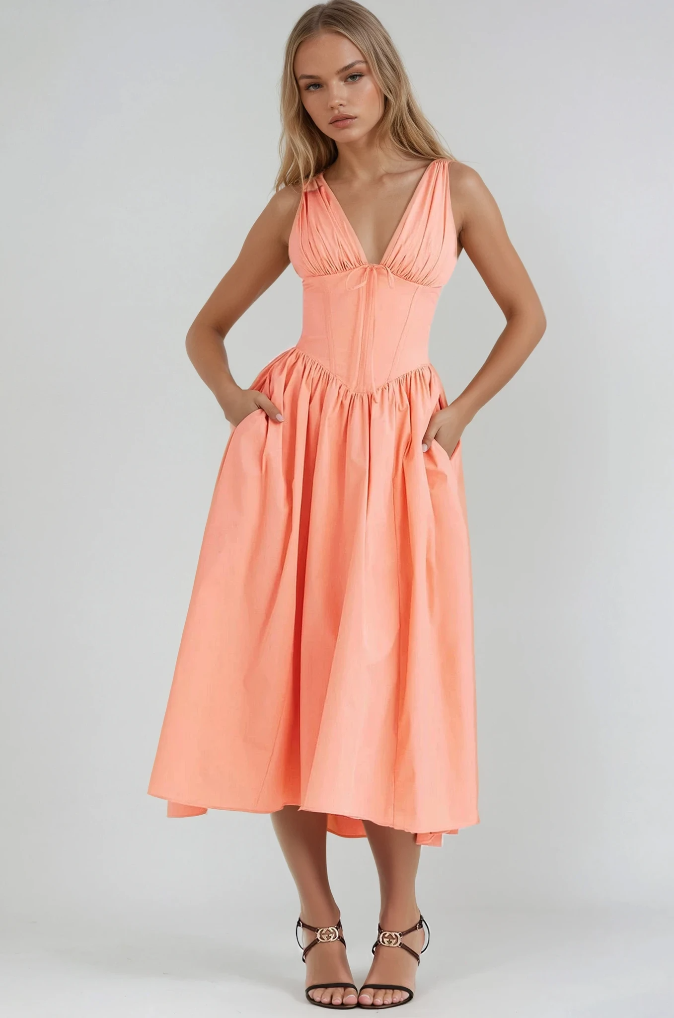 White Floral Midi Dress with Sleeveless V-Neck for Women - Selvaggia