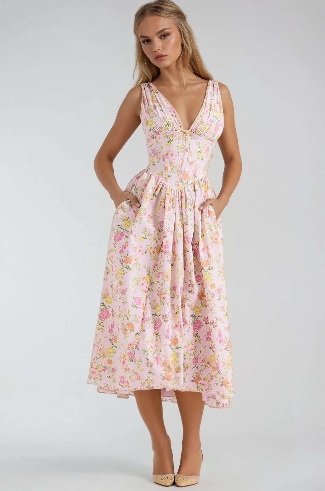 White Floral Midi Dress with Sleeveless V-Neck for Women - Selvaggia