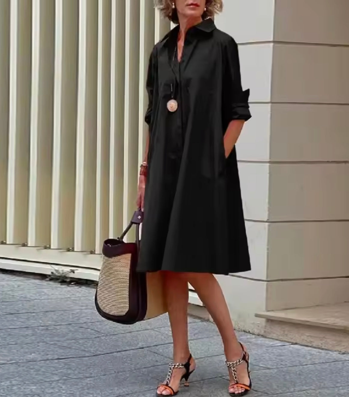 Women's Button-Down Midi Shirt Dress | with Pockets