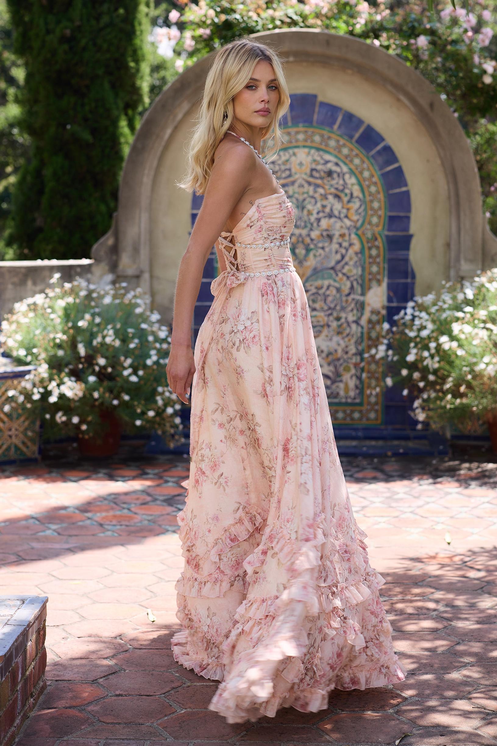 Blush Floral Halter Maxi Dress with Ruffle Hem for Women - Giovanna