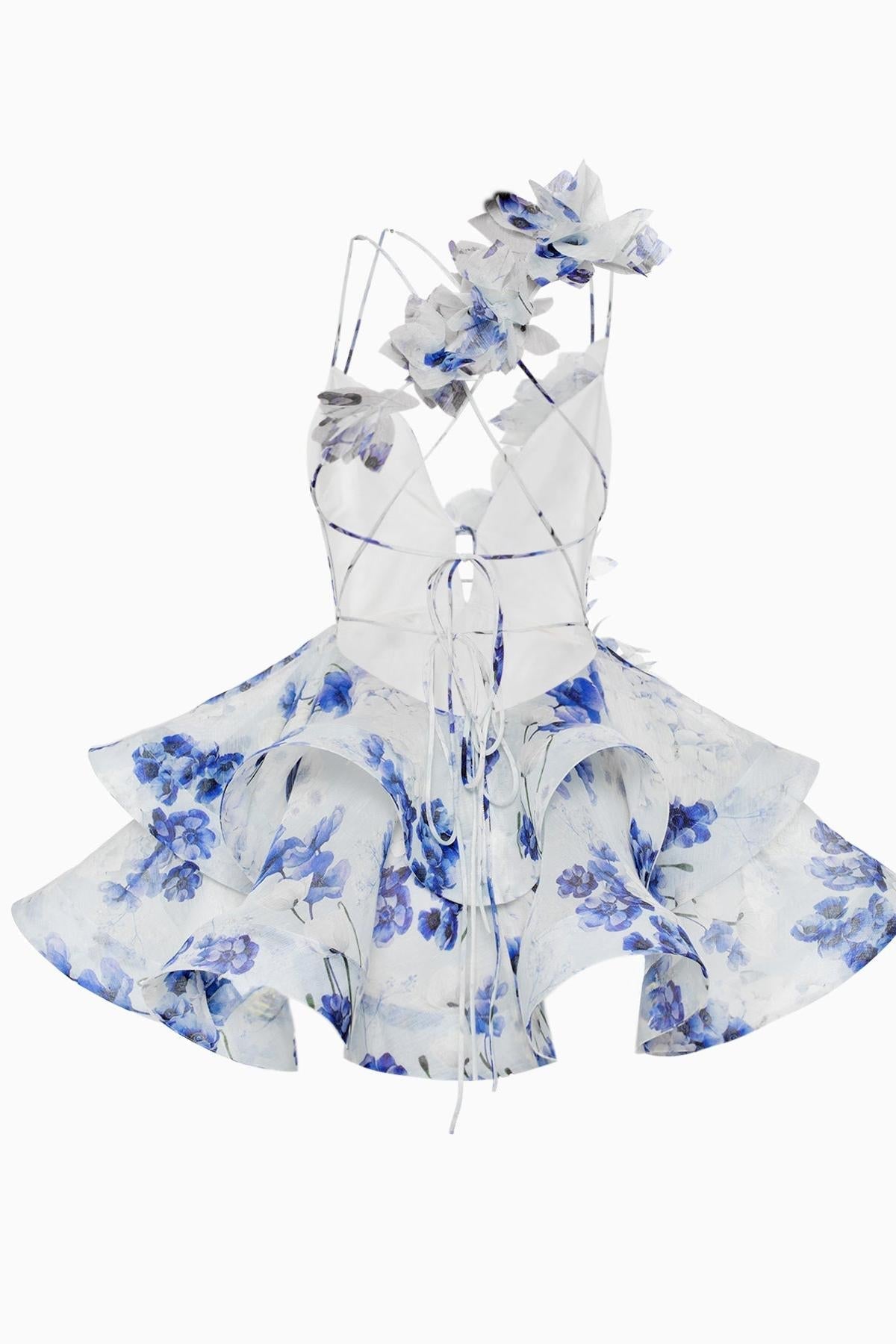 Pastel Floral Ruffle Mini Dress with V-Neck for Women - Margherita