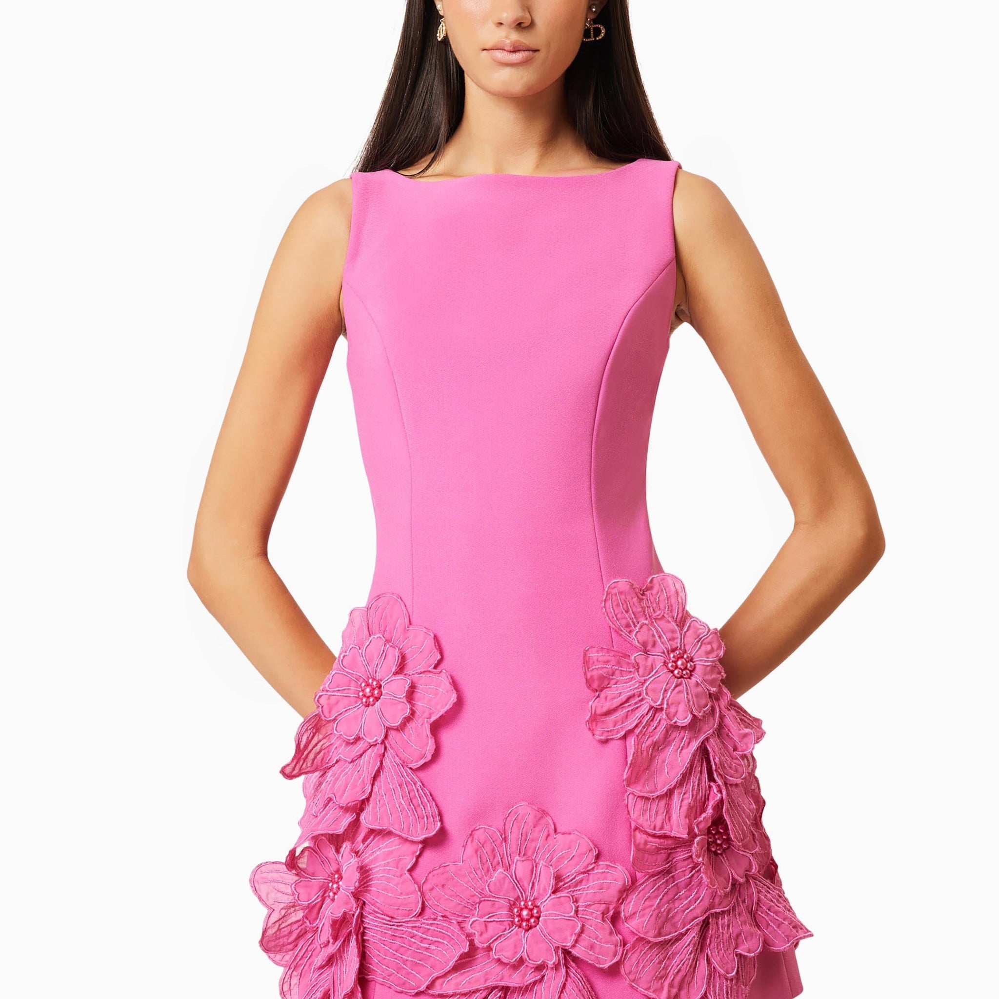 Hot Pink Mini Dress with 3D Floral Appliqué for Women - Clara