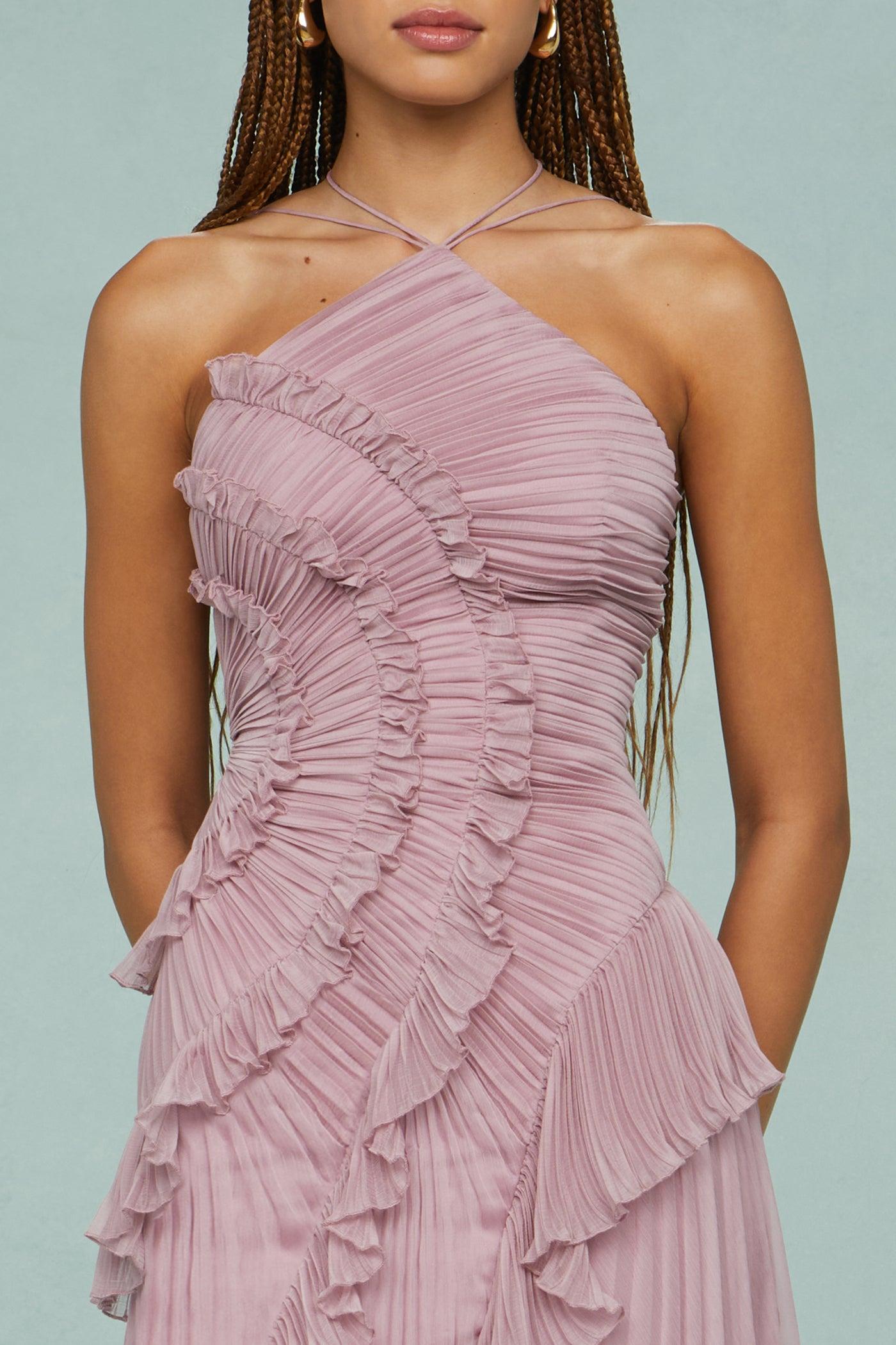 Dusty Rose Pleated Maxi Dress with Ruffle Trim for Women  - Flavia