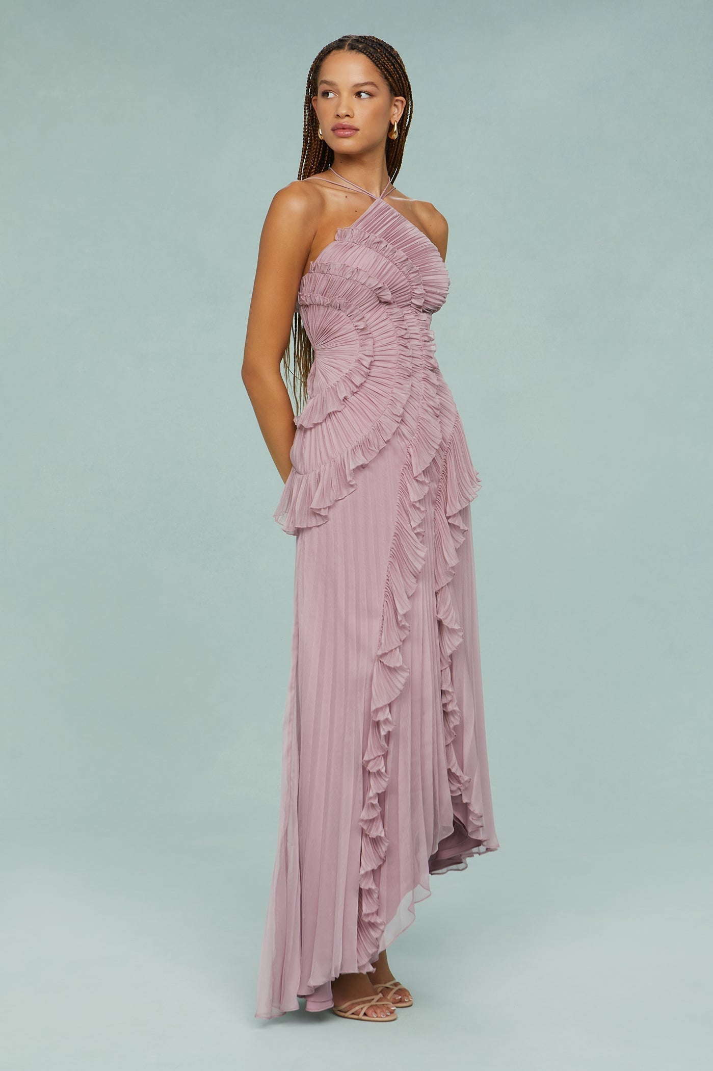 Dusty Rose Pleated Maxi Dress with Ruffle Trim for Women  - Flavia