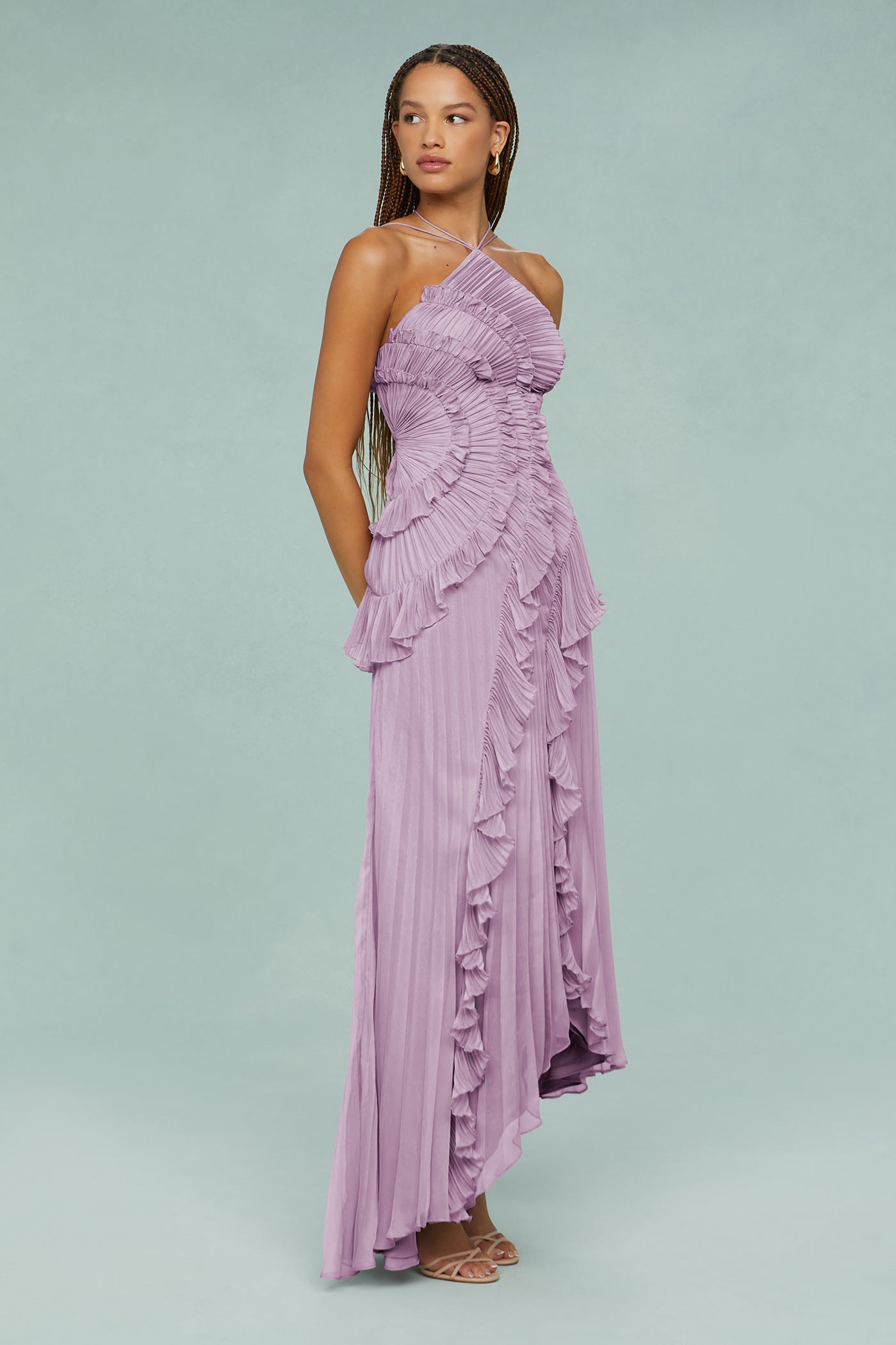 Lilac Pleated Halter Neck Maxi Dress with Ruffle Trim for Women - Beatrice