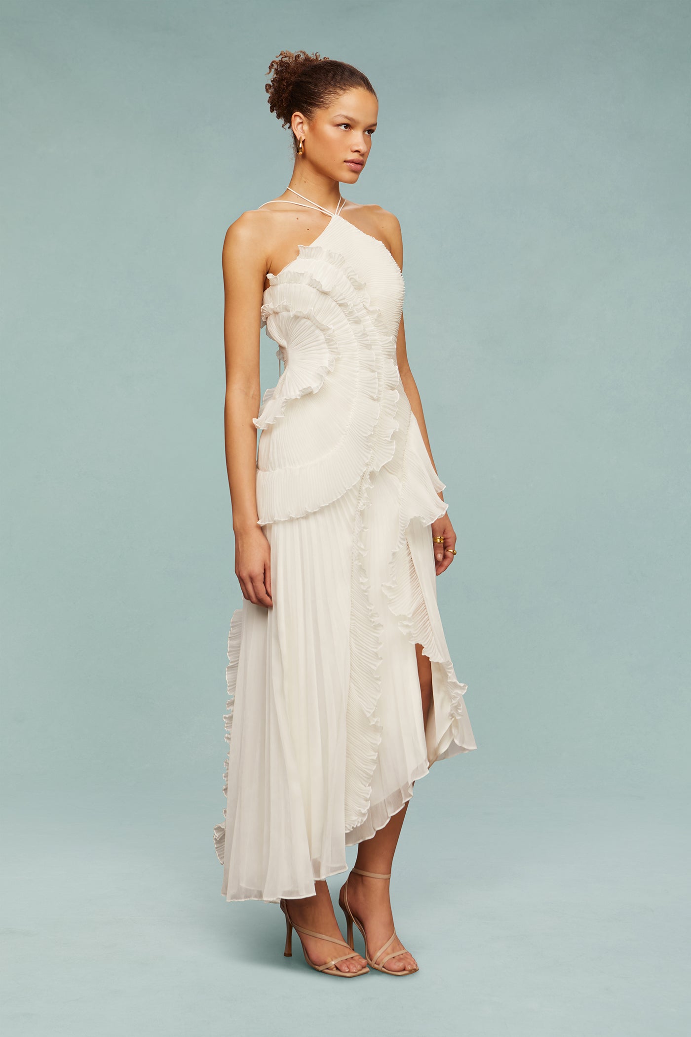 White Pleated Ruffle Midi Dress with Halter Neck for Women - Clotilde